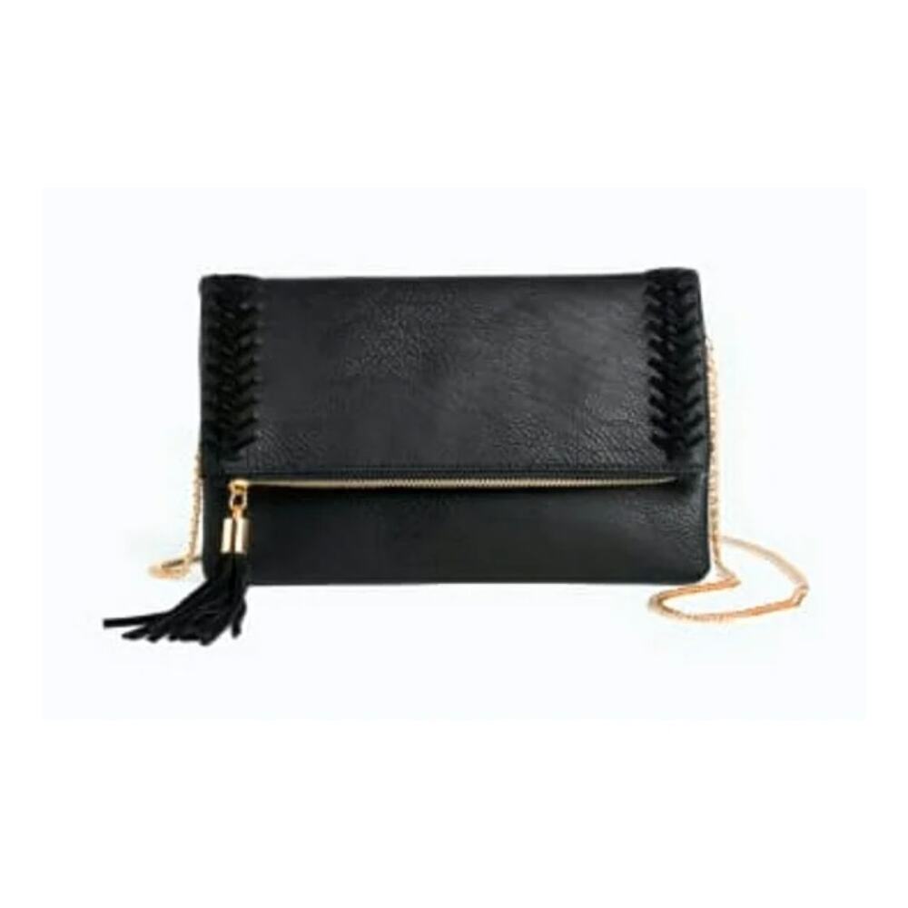 Moda Luxe Palermo Foldover Clutch Gold Chain NEW Black Vegan Leather 3D Stitch